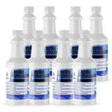 Eight 1-quart plastic bottles of Alliance Chemical Sodium Hypochlorite 12.5% with white screw caps and product labels
