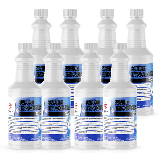 Eight 1-quart plastic bottles of Alliance Chemical Sodium Hypochlorite 12.5% with white screw caps and product labels