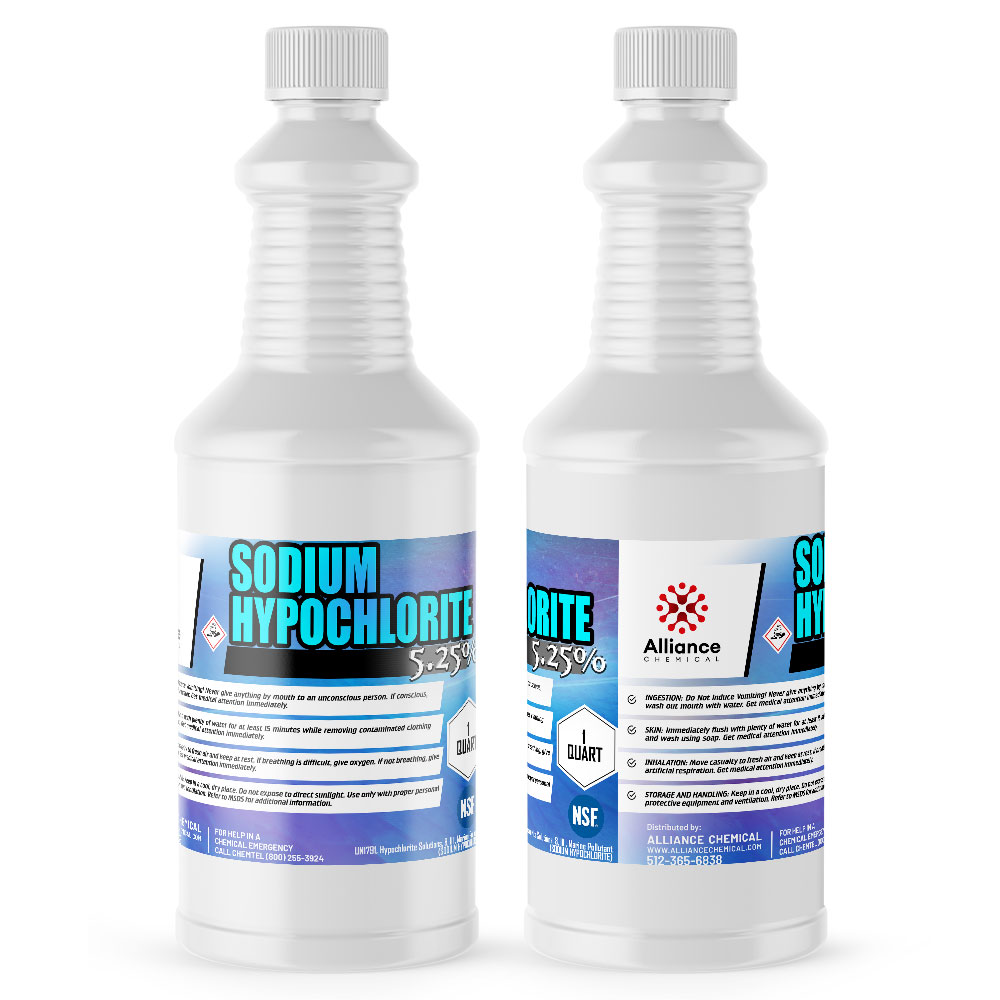 1-quart bottle of industrial Sodium Hypochlorite 5.25% solution in white HDPE container with corrosive warning symbol, NSF certified, Alliance Chemical brand.