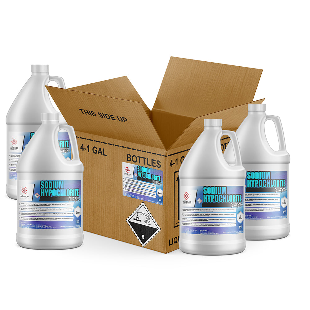 4x1-gallon bottles of sodium hypochlorite 5.25% solution in HDPE containers with corrosive Class 8 hazard symbol, boxed packaging, Alliance Chemical brand.