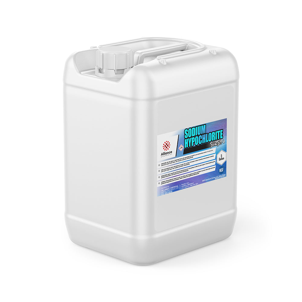 5-gallon white HDPE container of 5.25% sodium hypochlorite solution with Alliance Chemical label, NSF certification, and chemical hazard warnings.