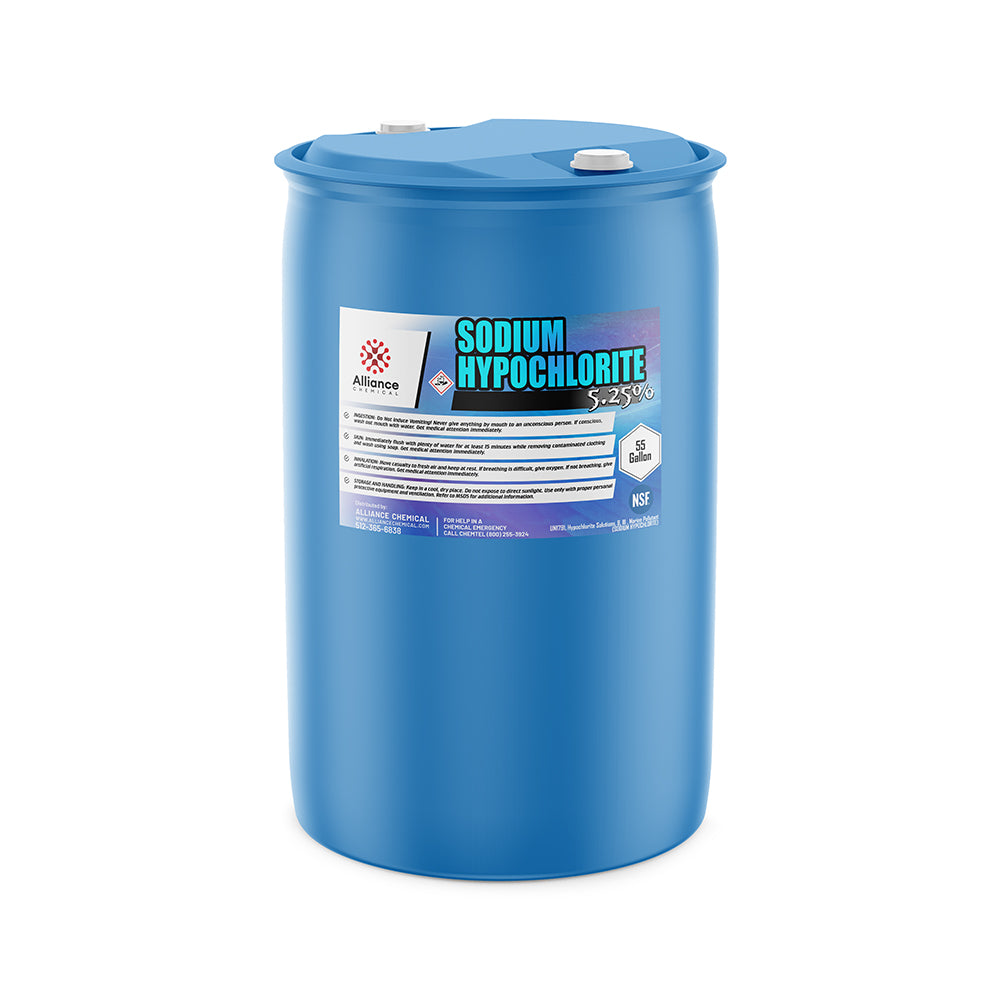 55-gallon blue HDPE drum of Alliance Chemical 5.25% sodium hypochlorite solution, NSF-certified, with industrial hazard label and dual-port lid.