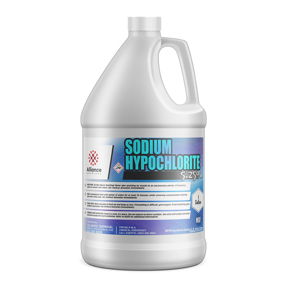 One-gallon HDPE container of 5.25% sodium hypochlorite solution by Alliance Chemical, featuring NSF certification and corrosive hazard warning label.