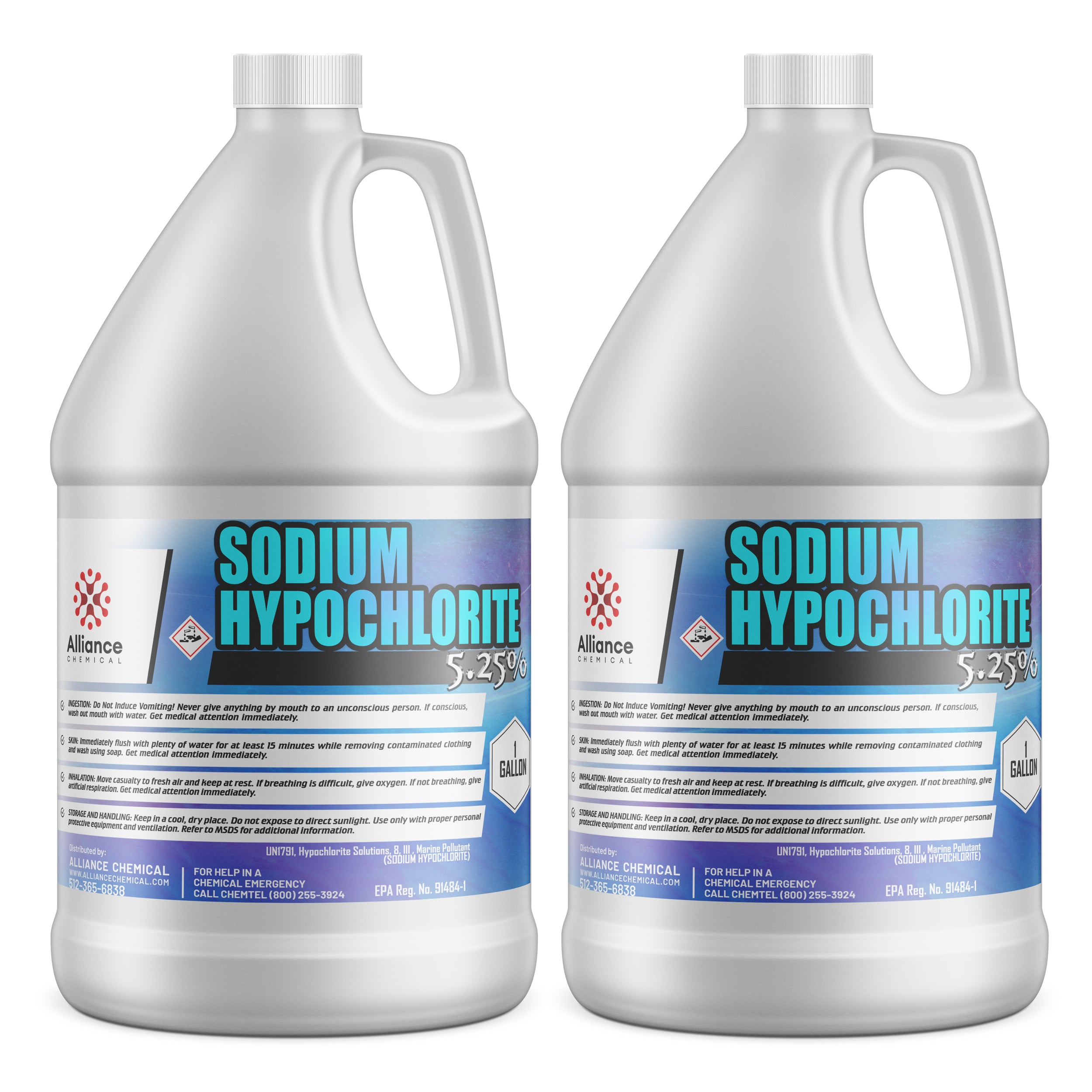 1-gallon HDPE jugs of Alliance Chemical 5.25% Sodium Hypochlorite solution with corrosive warning symbol, safety instructions, and EPA registration.