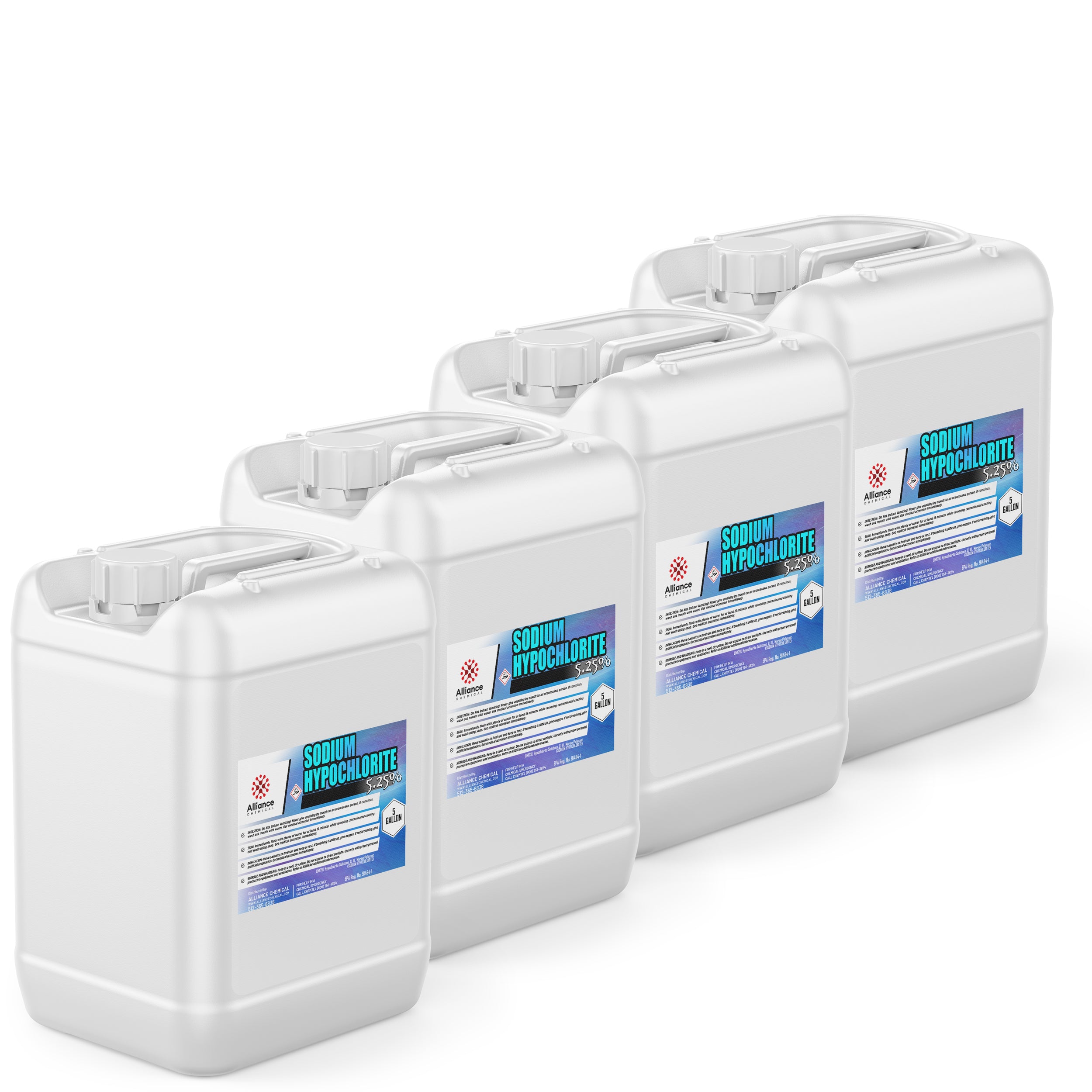 5-gallon white HDPE containers of 5.25% sodium hypochlorite solution, industrial-grade bleach with safety labels and secure screw caps, 4-pack.