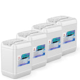 Four 5-gallon HDPE jugs of Alliance Chemical Sodium Hypochlorite 5.25% with labels and integrated handles