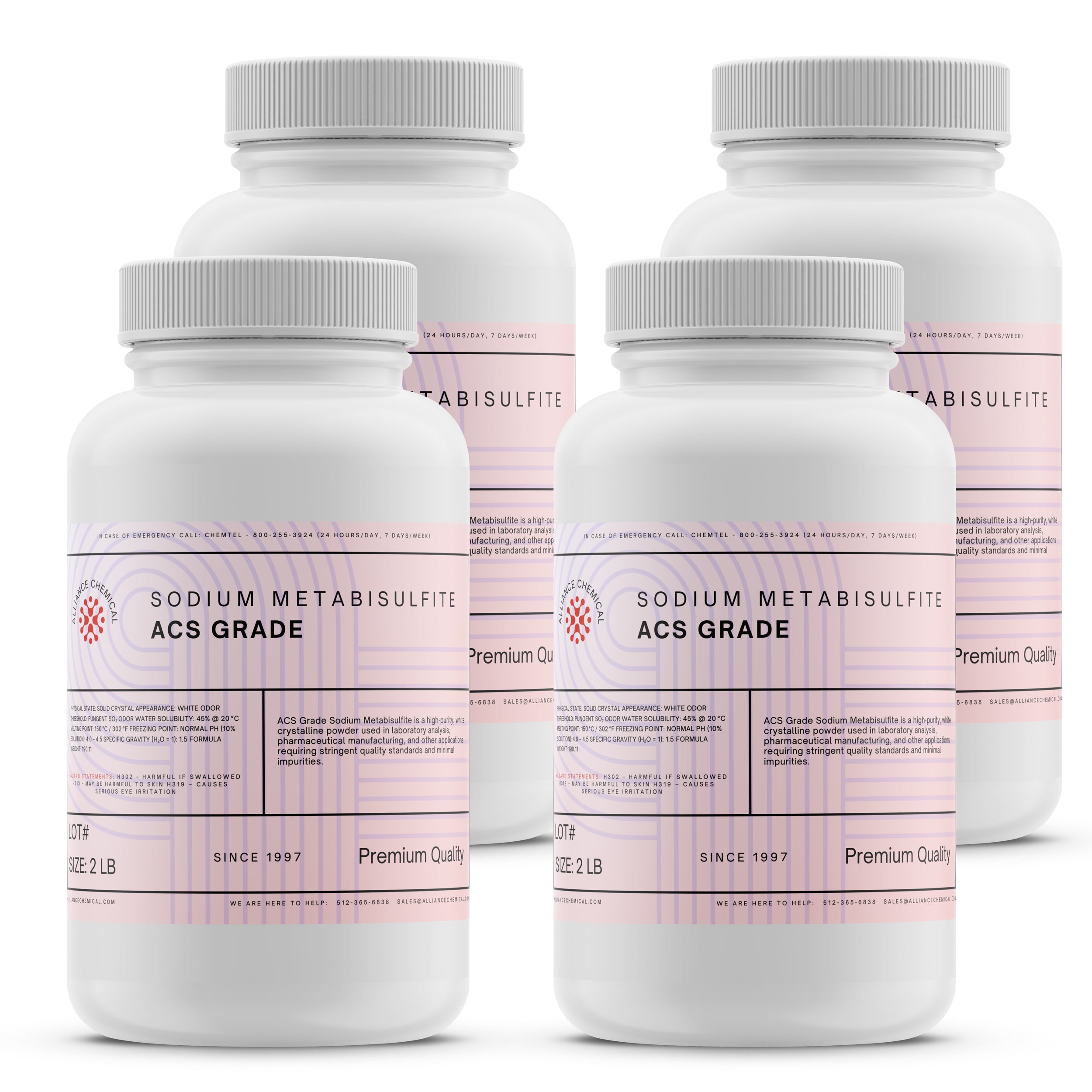 Alliance Chemical sodium metabisulfite ACS grade in four 2-pound white plastic jars with silver caps
