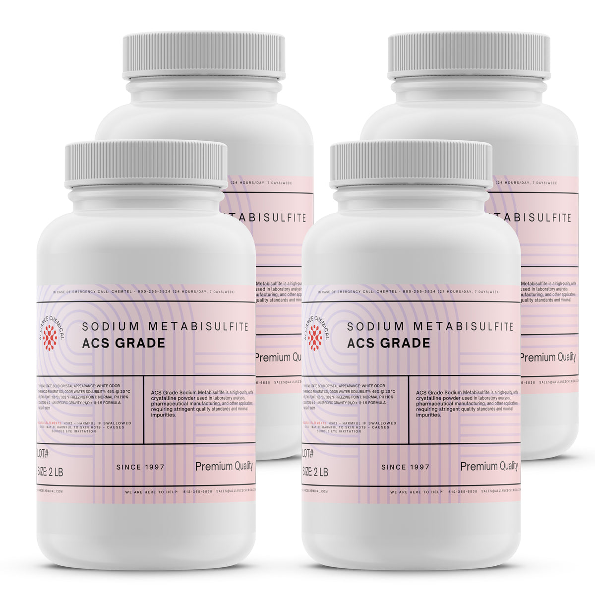 Four 2 lb plastic bottles of Alliance Chemical Sodium Metabisulfite ACS Grade with white screw cap and branded label.