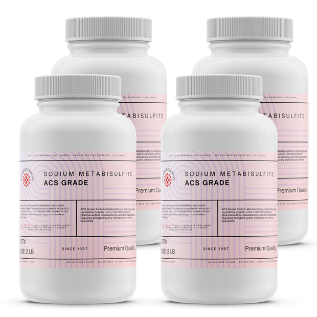 Four 2 lb plastic bottles of Alliance Chemical Sodium Metabisulfite ACS Grade with white screw cap and branded label.