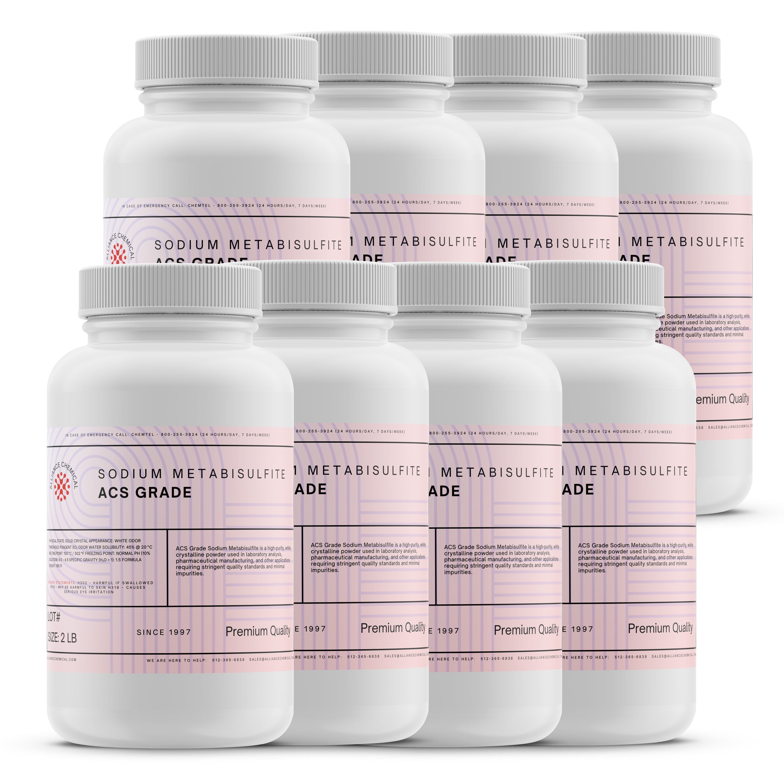 Alliance Chemical sodium metabisulfite ACS grade in white 2-pound plastic bottles with gray screw caps