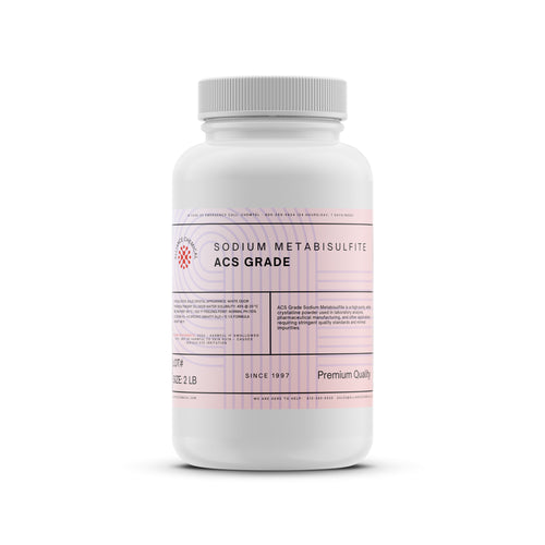 Alliance Chemical sodium metabisulfite ACS grade in white 2-pound plastic container with secure screw cap