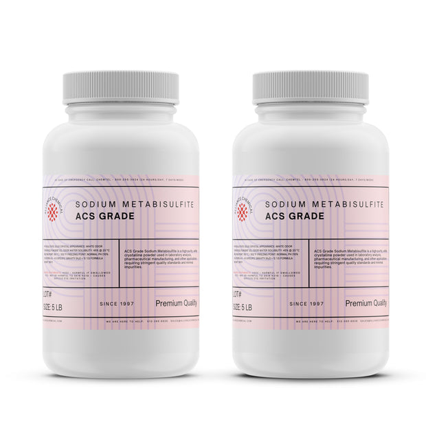 Alliance Chemical sodium metabisulfite ACS grade in white 5-pound plastic container with twist cap