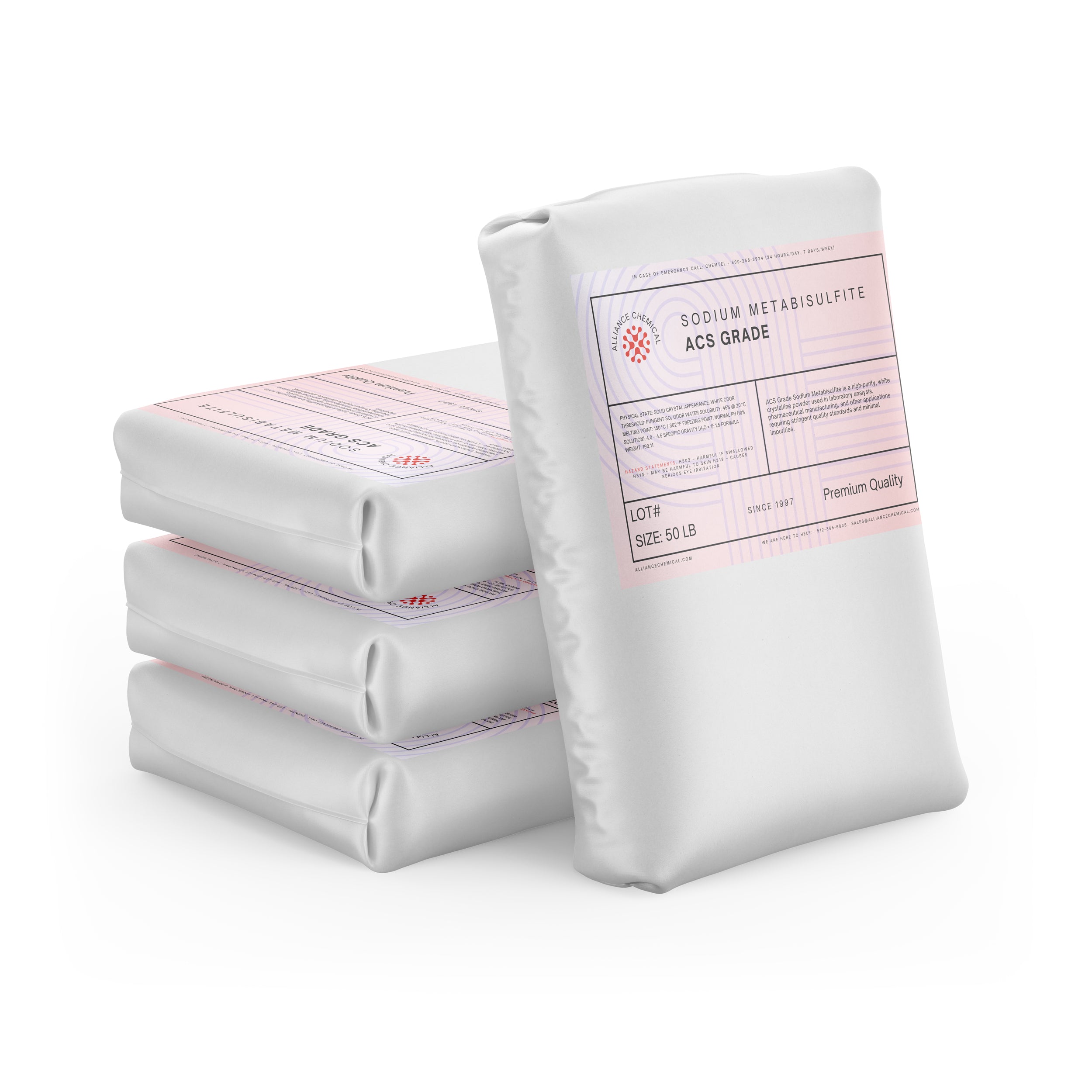 Alliance Chemical sodium metabisulfite ACS grade in white 50-pound bag with labeling on front