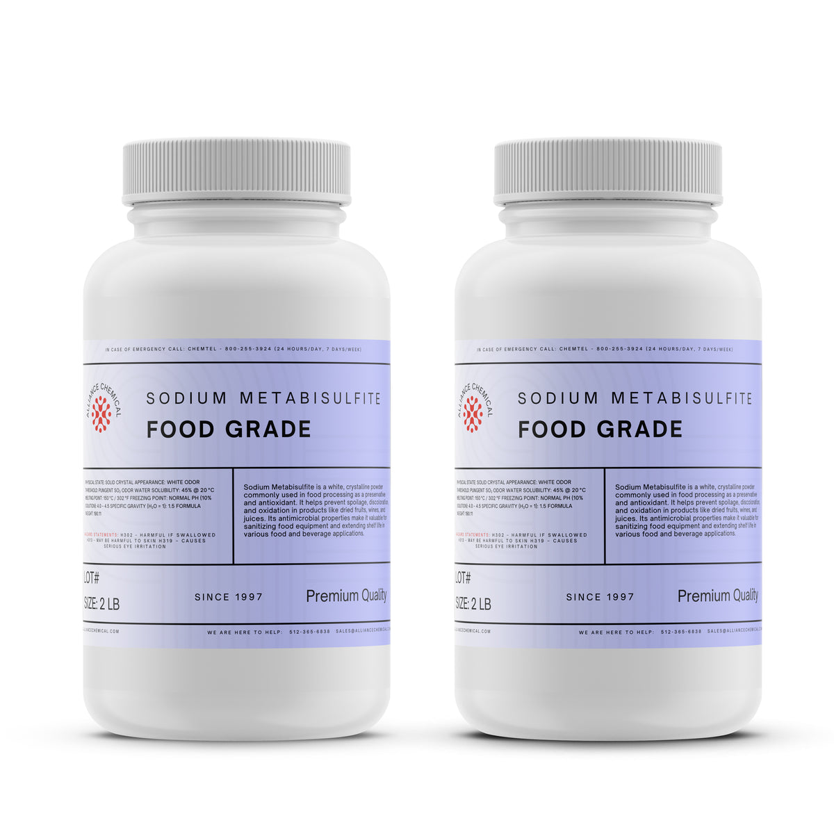 Alliance Chemical sodium metabisulfite food grade in white 2-pound plastic container with twist-off cap