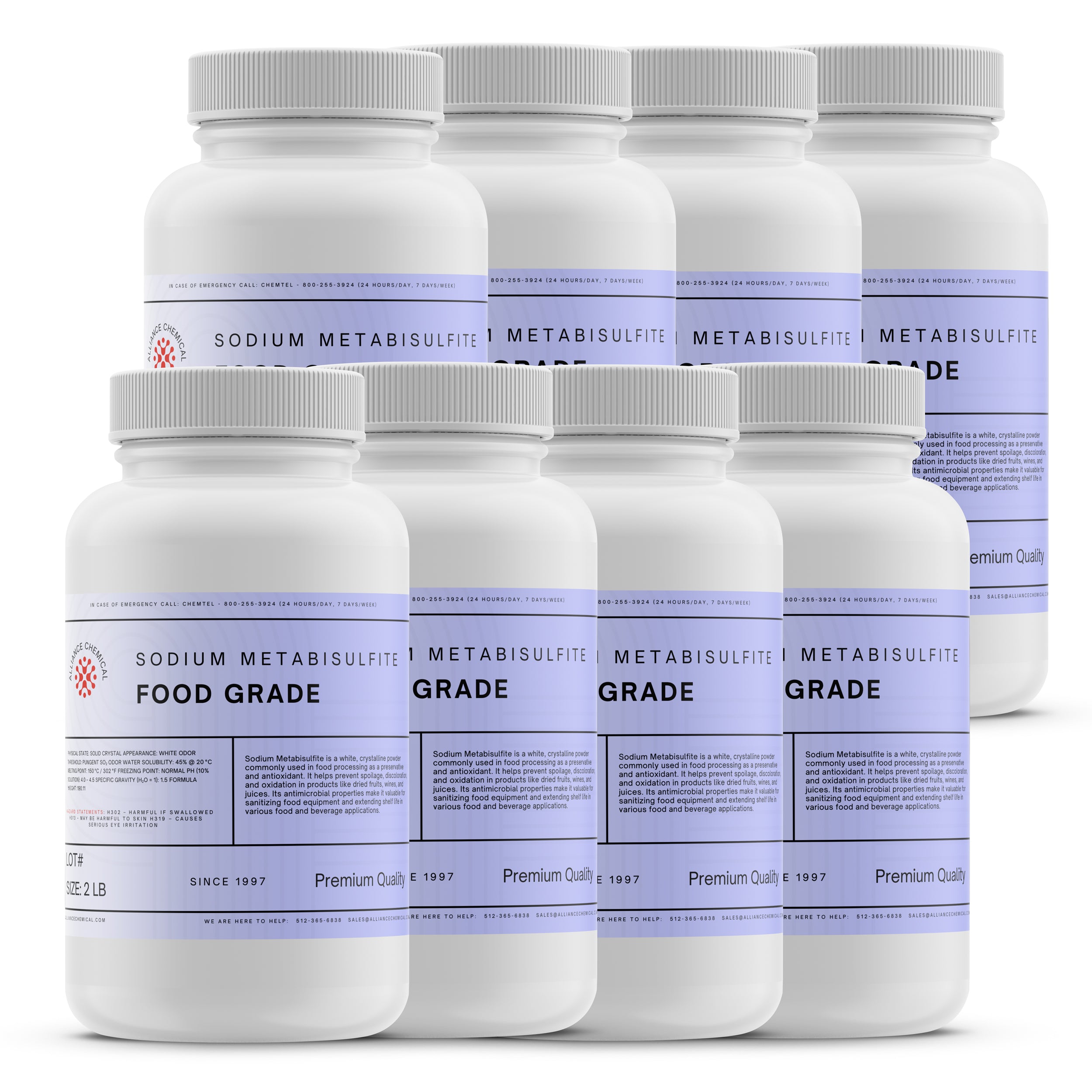 Alliance Chemical sodium metabisulfite food grade in white 2-pound plastic container with screw-on lid