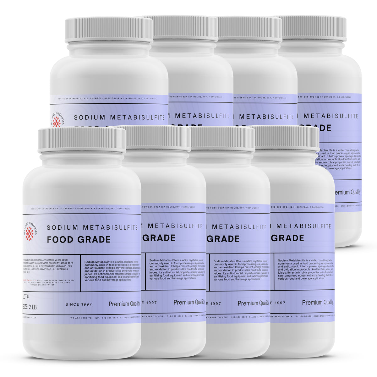 Alliance Chemical sodium metabisulfite food grade in white 2-pound plastic container with screw-on lid