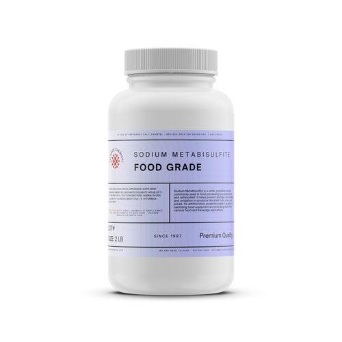 Alliance Chemical sodium metabisulfite food grade in white 2-pound plastic container with screw cap