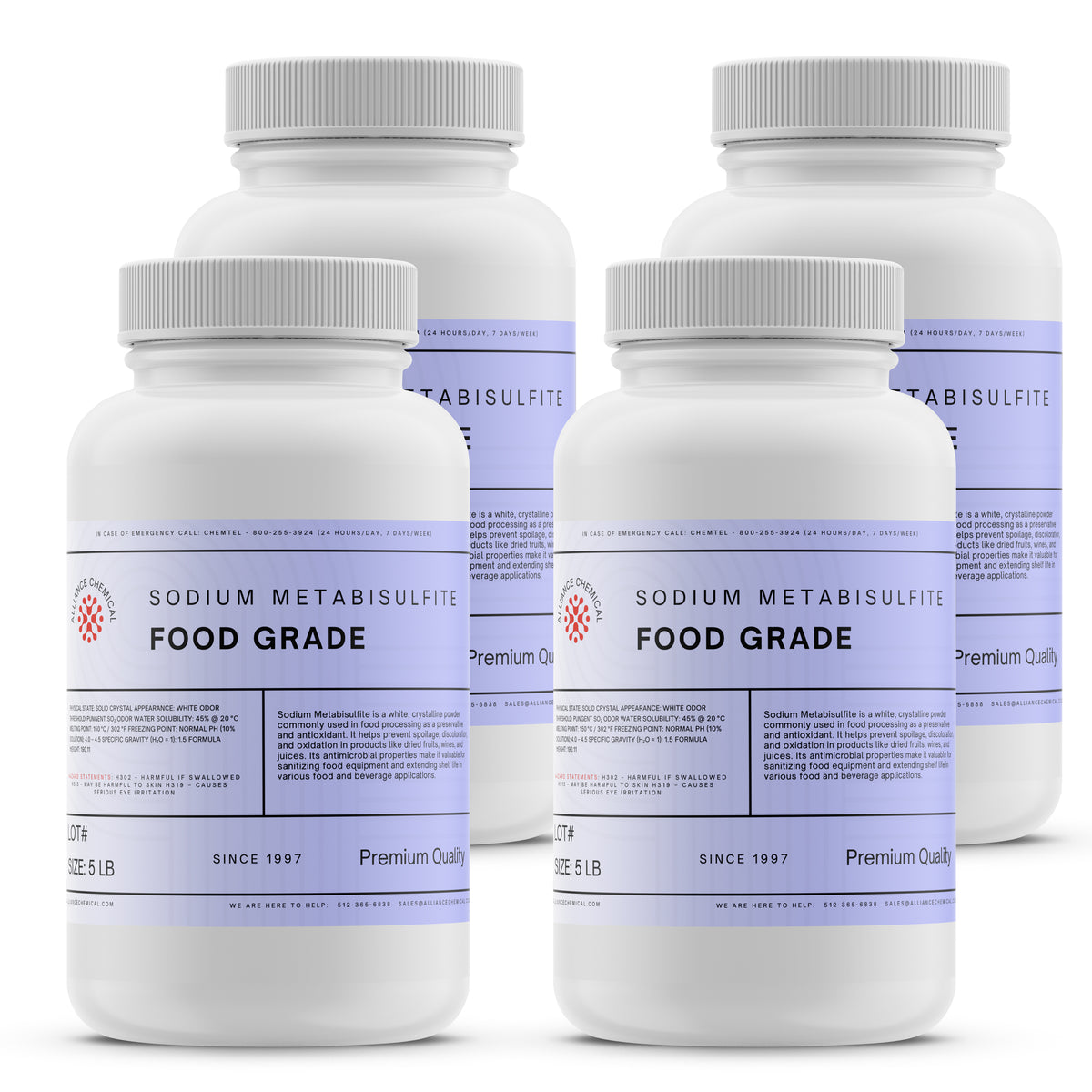 Alliance Chemical sodium metabisulfite food grade in white 5-pound plastic container with screw cap