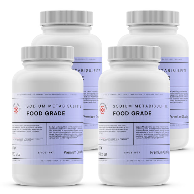 Alliance Chemical sodium metabisulfite food grade in white 5-pound plastic container with screw cap
