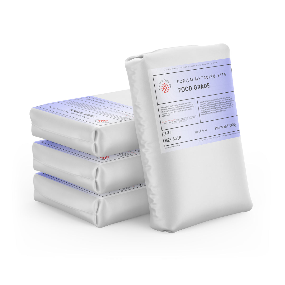 Four 50-lb bags of Alliance Chemical Sodium Metabisulfite Food Grade with labels and sealed white plastic packaging.