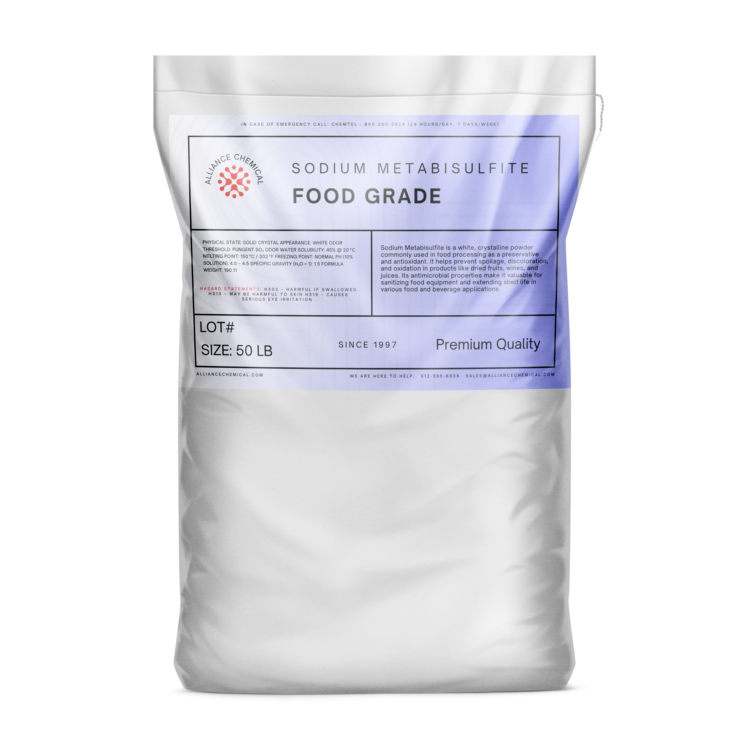 Alliance Chemical sodium metabisulfite food grade in silver 50-pound plastic bag with clear label