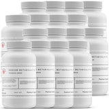 Twelve 2-lb Alliance Chemical Sodium Metabisulfite Technical Grade HDPE bottles with white ribbed screw cap and product la...