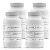 Four 2-lb plastic bottles of Alliance Chemical Sodium Metabisulfite Technical Grade with white screw caps and product labels.