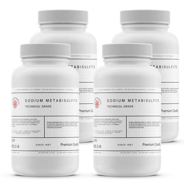 Four 2-lb plastic bottles of Alliance Chemical Sodium Metabisulfite Technical Grade with white screw caps and product labels.