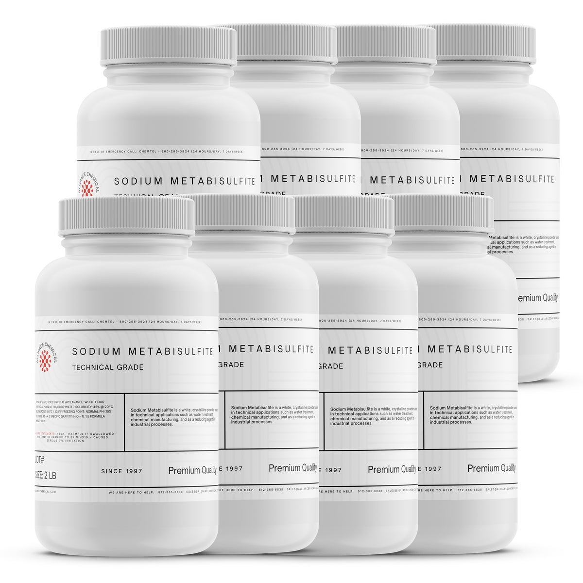 Six 2-lb bottles of Alliance Chemical Sodium Metabisulfite Technical Grade with white plastic screw cap and product label.