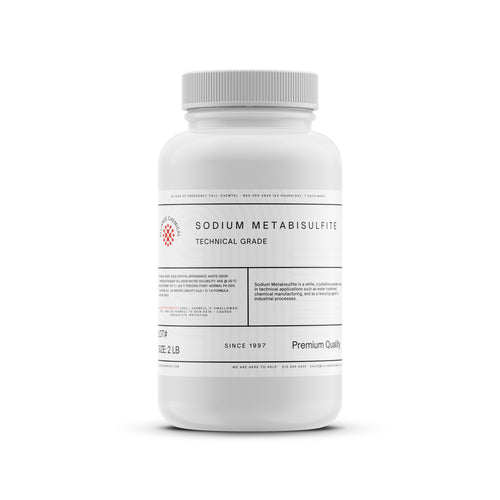 Alliance Chemical sodium metabisulfite technical grade in white 2-pound plastic container with screw-on cap