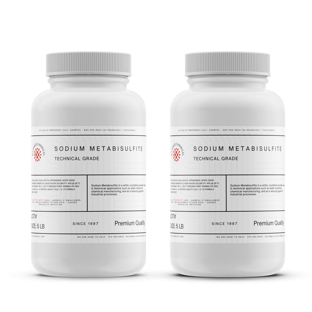 Alliance Chemical sodium metabisulfite technical grade in white 5-pound plastic container with a screw cap