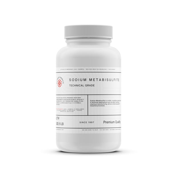 Alliance Chemical sodium metabisulfite technical grade in white 5-pound plastic container with screw-on cap