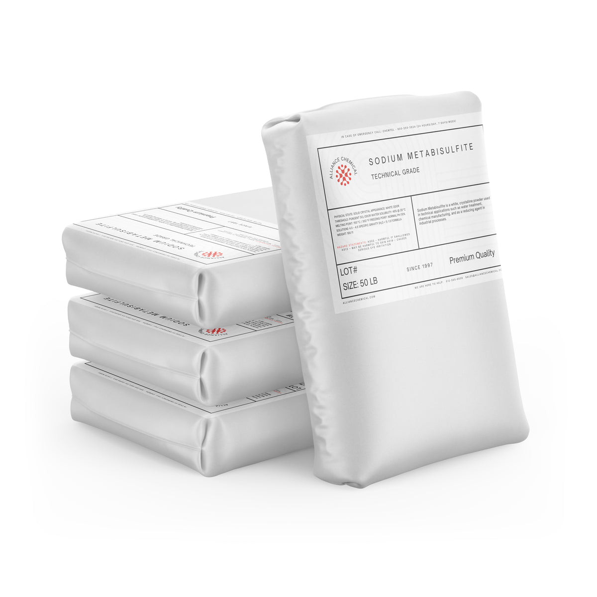 Four 50-lb bags of Alliance Chemical Sodium Metabisulfite Technical Grade with white packaging and printed labels.