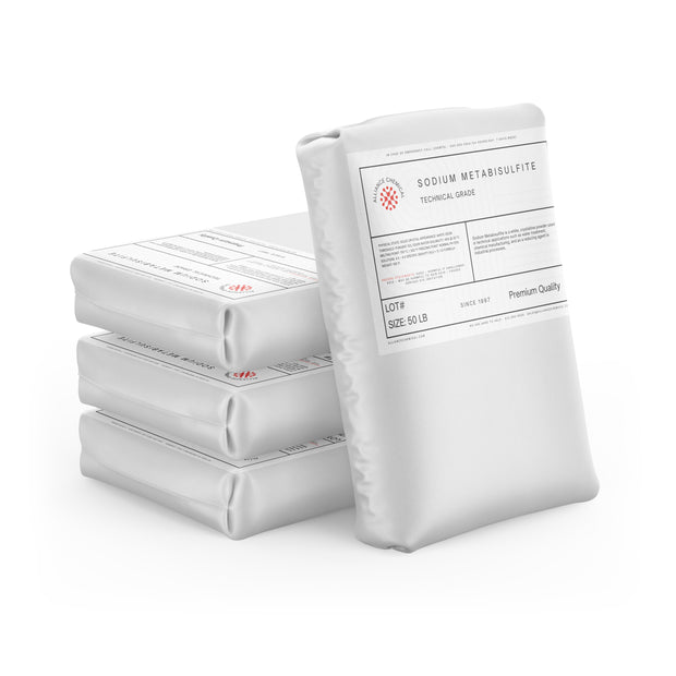 Four 50-lb bags of Alliance Chemical Sodium Metabisulfite Technical Grade with white packaging and printed labels.