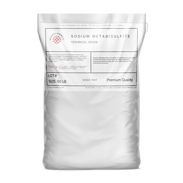 One 50-lb bag of Alliance Chemical Sodium Metabisulfite Technical Grade with white packaging and product information label.