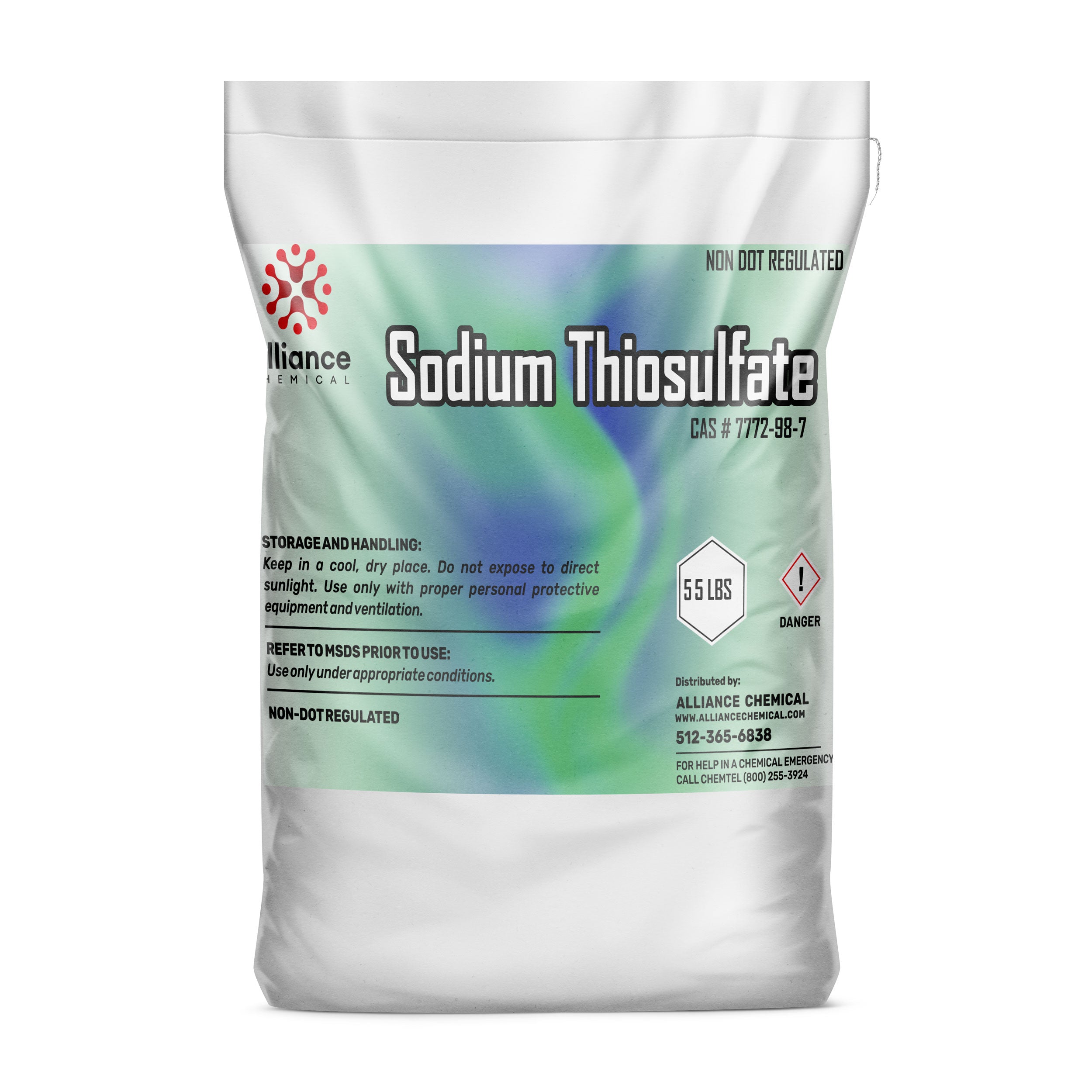 55lb bag of sodium thiosulfate (CAS #7772-98-7) by Alliance Chemical, featuring danger symbol, storage requirements, and emergency contact information.
