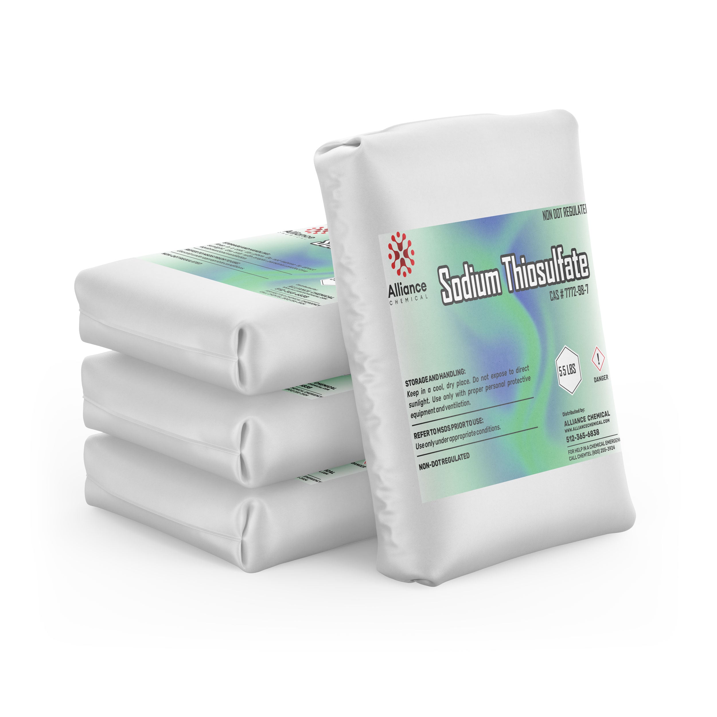 55lb bags of sodium thiosulfate (CAS #7772-98-7) by Alliance Chemical, stacked in white industrial packaging with hazard warnings and storage instructions.