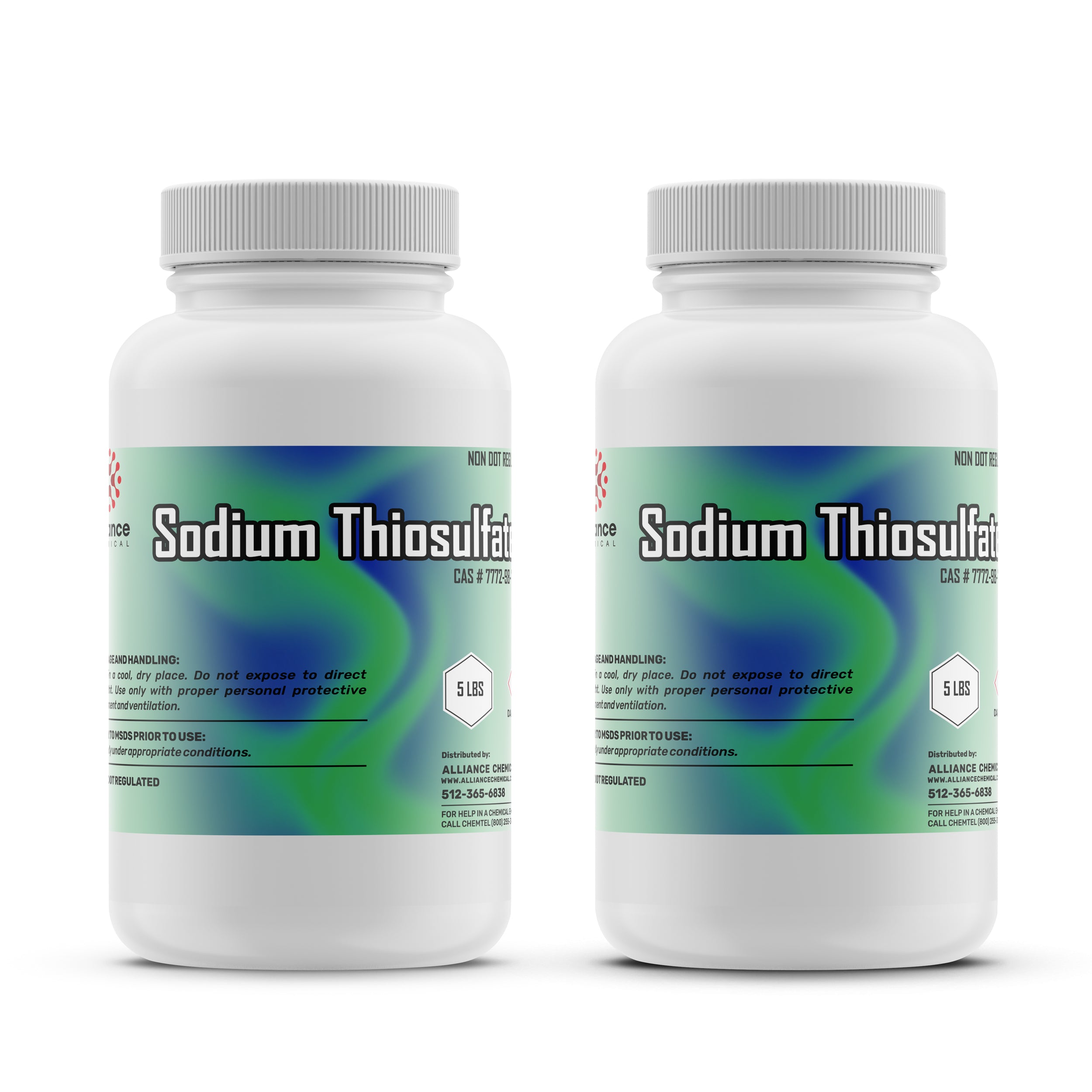 5 lb container of Sodium Thiosulfate (CAS #7772-98) in white HDPE bottle with safety handling instructions, ribbed cap, green-blue gradient label.