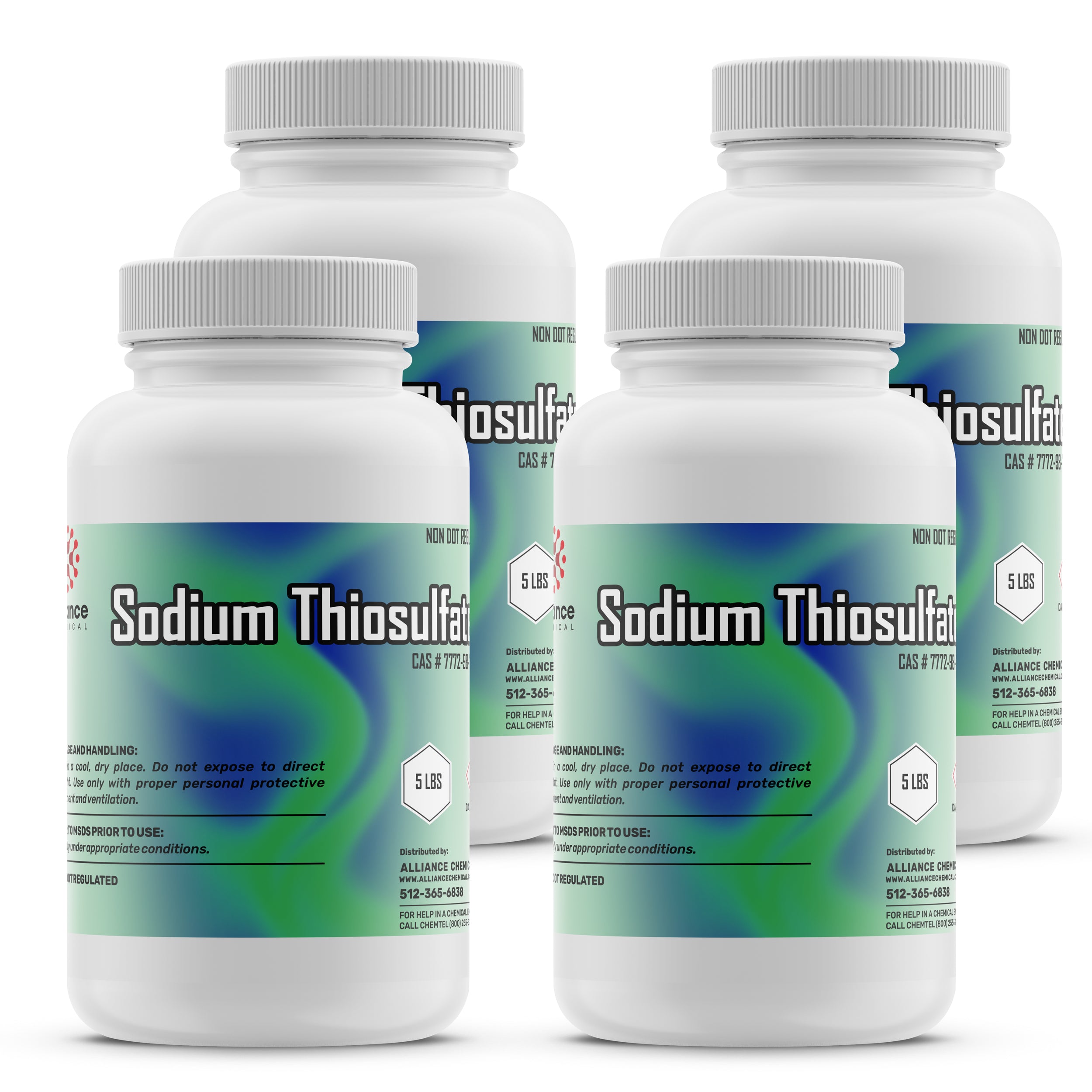 5-lb bottles of Sodium Thiosulfate (CAS #7772) in white HDPE containers with blue-green labels, safety handling instructions, 4-pack industrial grade.