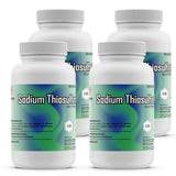 Four 5-lbs plastic bottles of Alliance Chemical Sodium Thiosulfate with white ribbed screw caps and product labels.