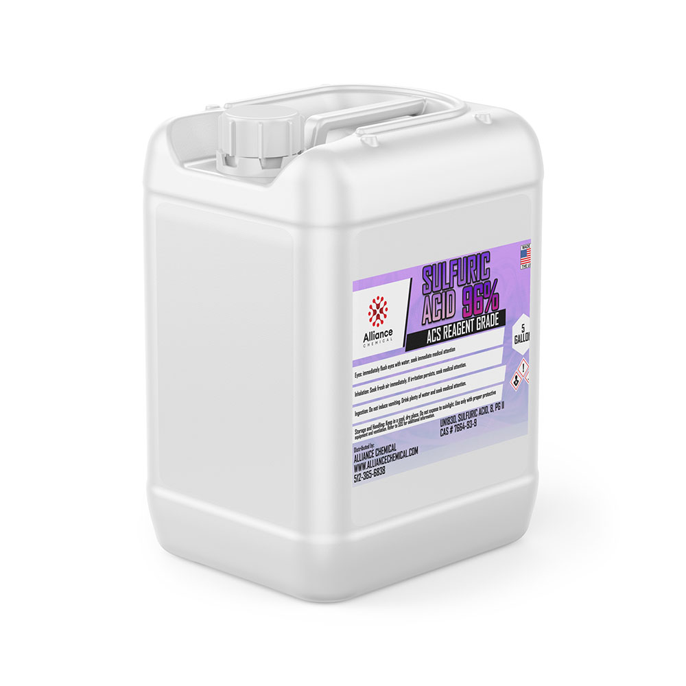 5-gallon white HDPE container of Sulfuric Acid 96% ACS Reagent Grade, Alliance Chemical brand, with hazard warning symbols and purple product label.