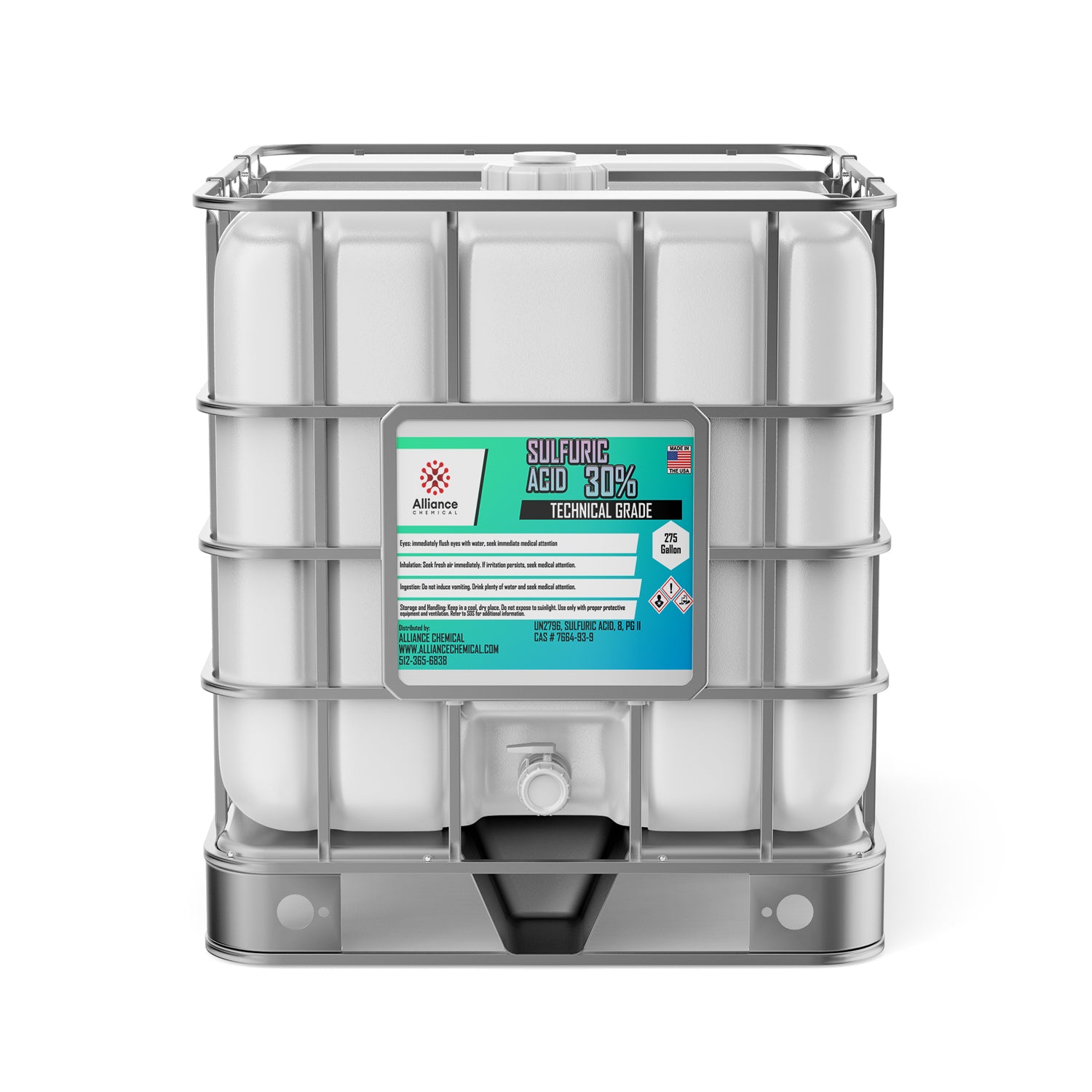 275-gallon IBC tote of technical-grade 30% sulfuric acid in white HDPE container with metal cage, hazmat labels, and bottom discharge valve.