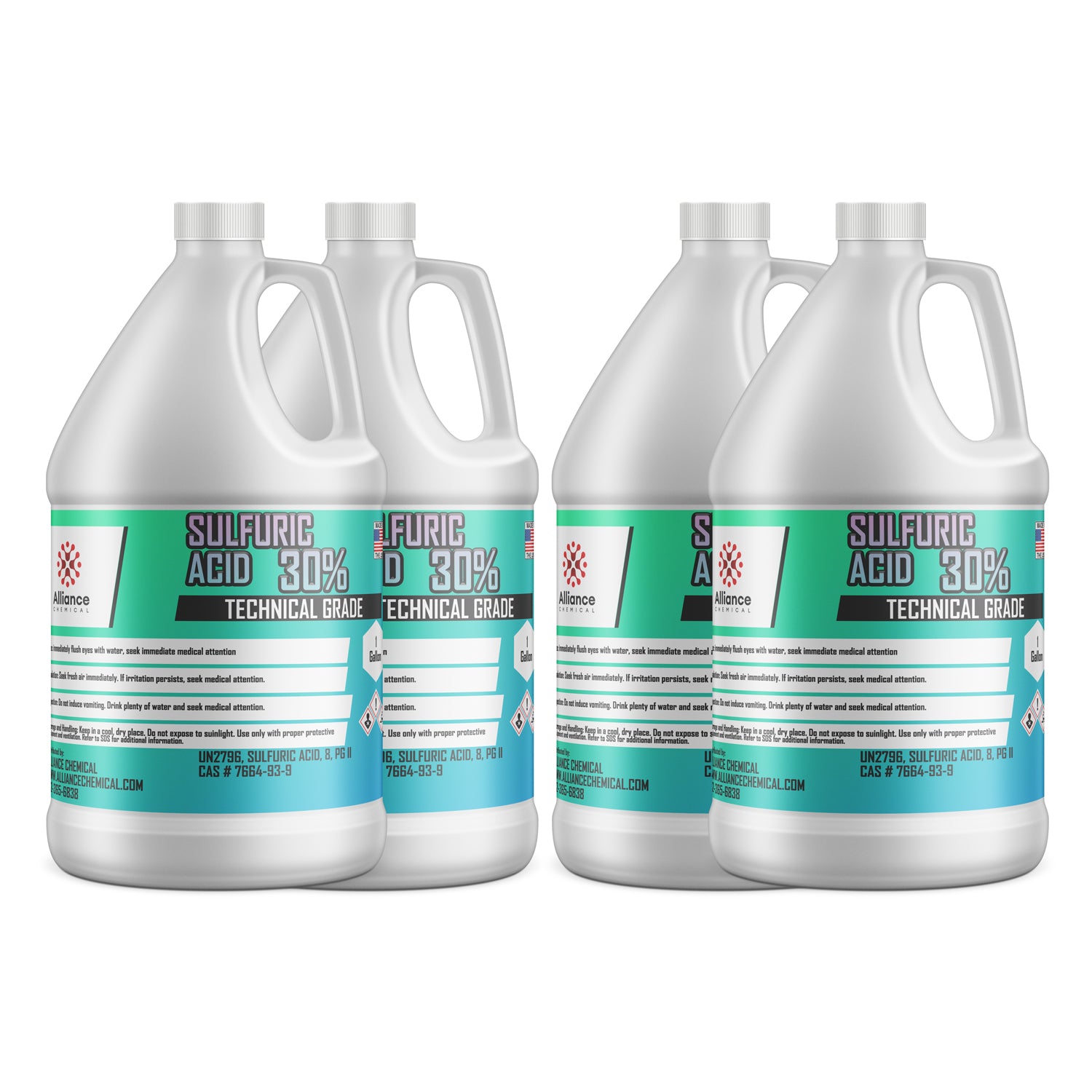 4x1-gallon HDPE jugs of technical-grade 30% Sulfuric Acid with hazard warnings, Alliance Chemical brand, white containers with green-blue labels.