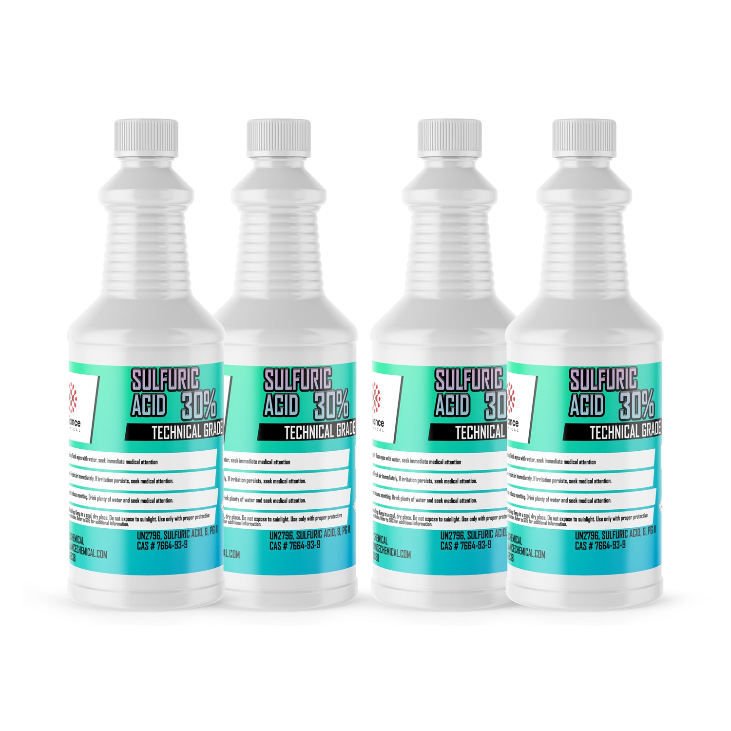 4-quart set of Technical Grade 30% Sulfuric Acid in white HDPE bottles with turquoise safety labels, CAS #7664-93-9, includes hazard warnings and medical attention advisories.