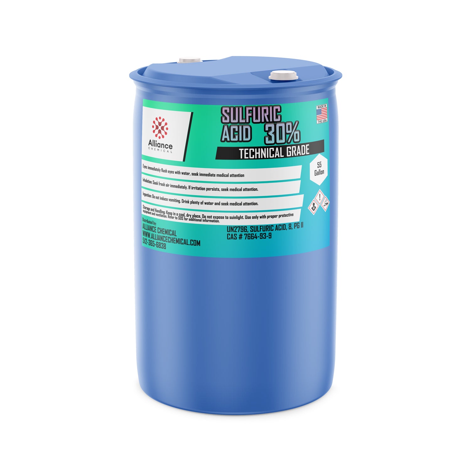 55-gallon blue HDPE drum of technical-grade 30% sulfuric acid by Alliance Chemical, featuring hazard warning labels and CAS #7664-93-9.