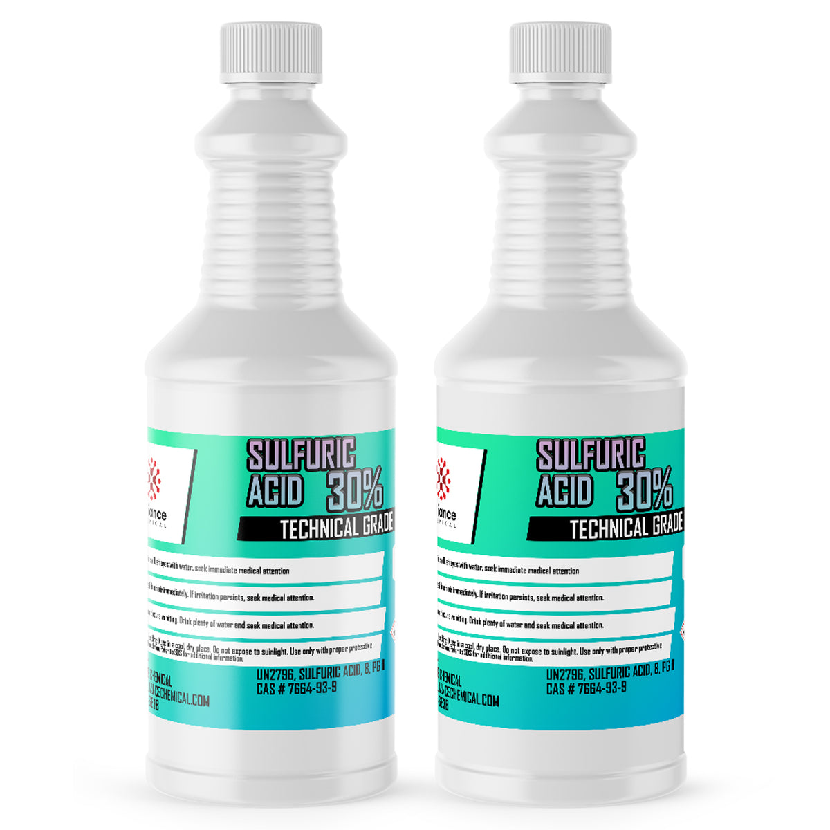 Two 1-quart plastic bottles of Alliance Chemical Sulfuric Acid 30% with white caps and product labels.