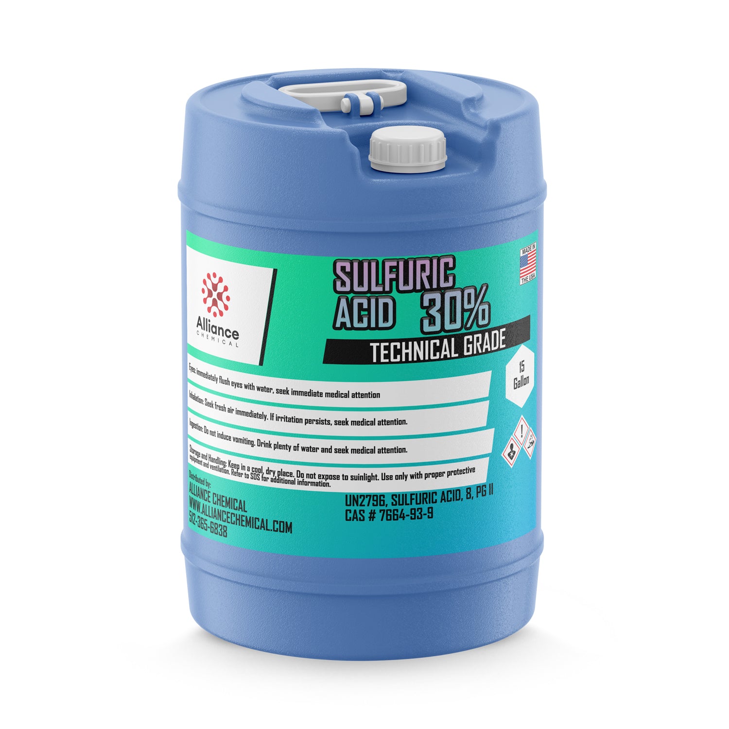 15-gallon blue HDPE carboy of 30% Technical Grade Sulfuric Acid by Alliance Chemical, featuring safety warnings and GHS hazard symbols, UN2796.