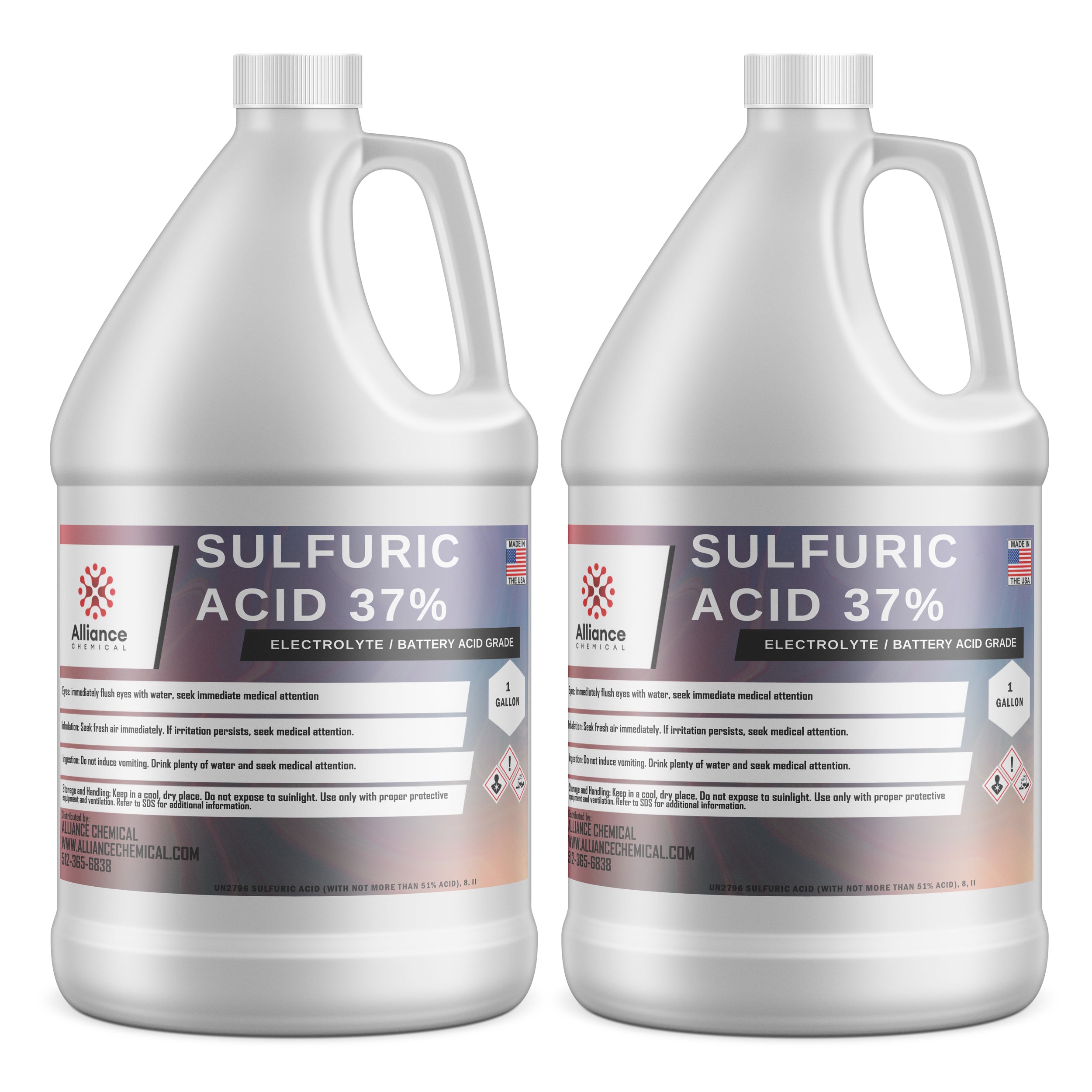 2-gallon industrial sulfuric acid (37% electrolyte/battery grade) in white HDPE jugs with safety warnings, GHS hazard symbols, Alliance Chemical branding.