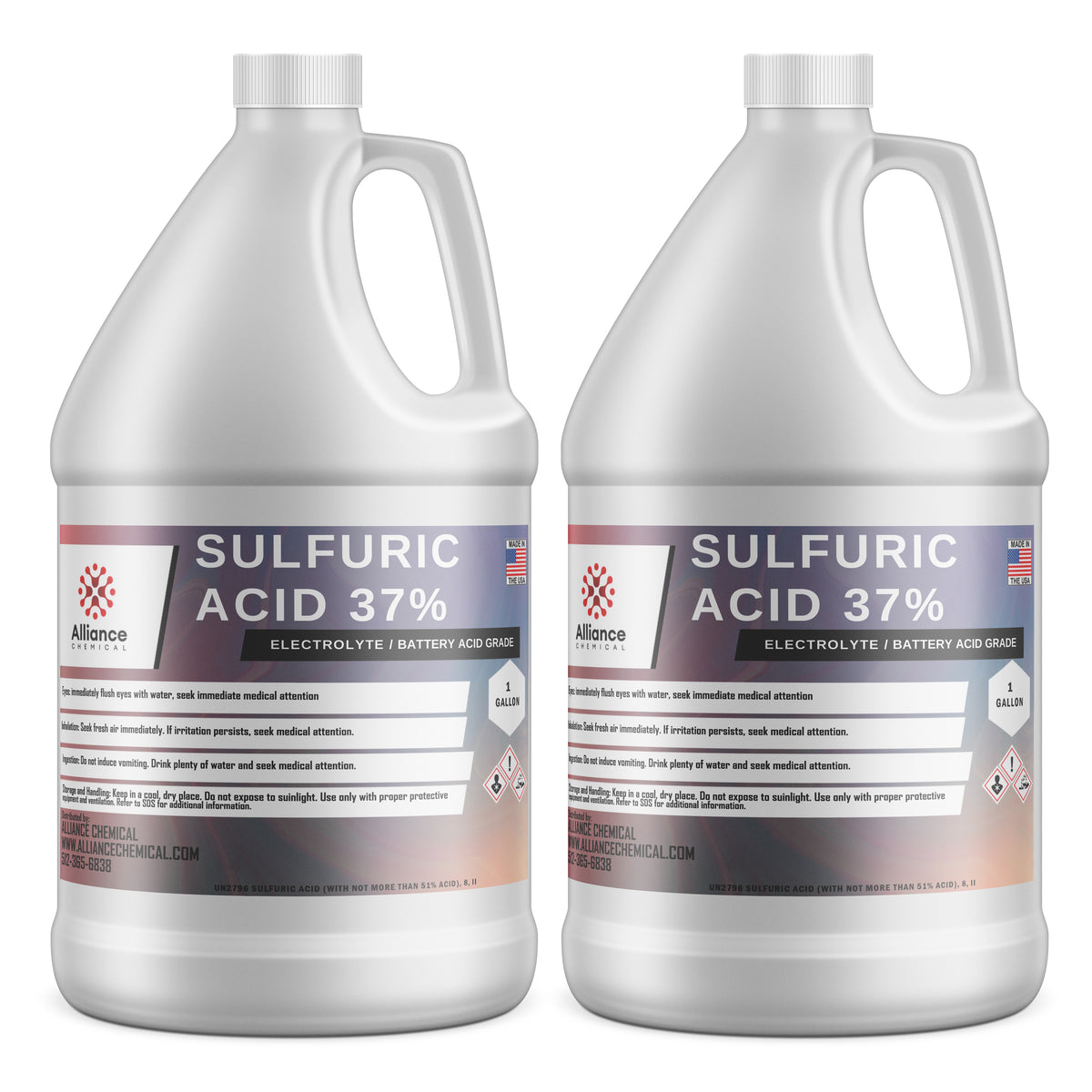 2-gallon industrial sulfuric acid (37% electrolyte/battery grade) in HDPE jugs, Alliance Chemical branding