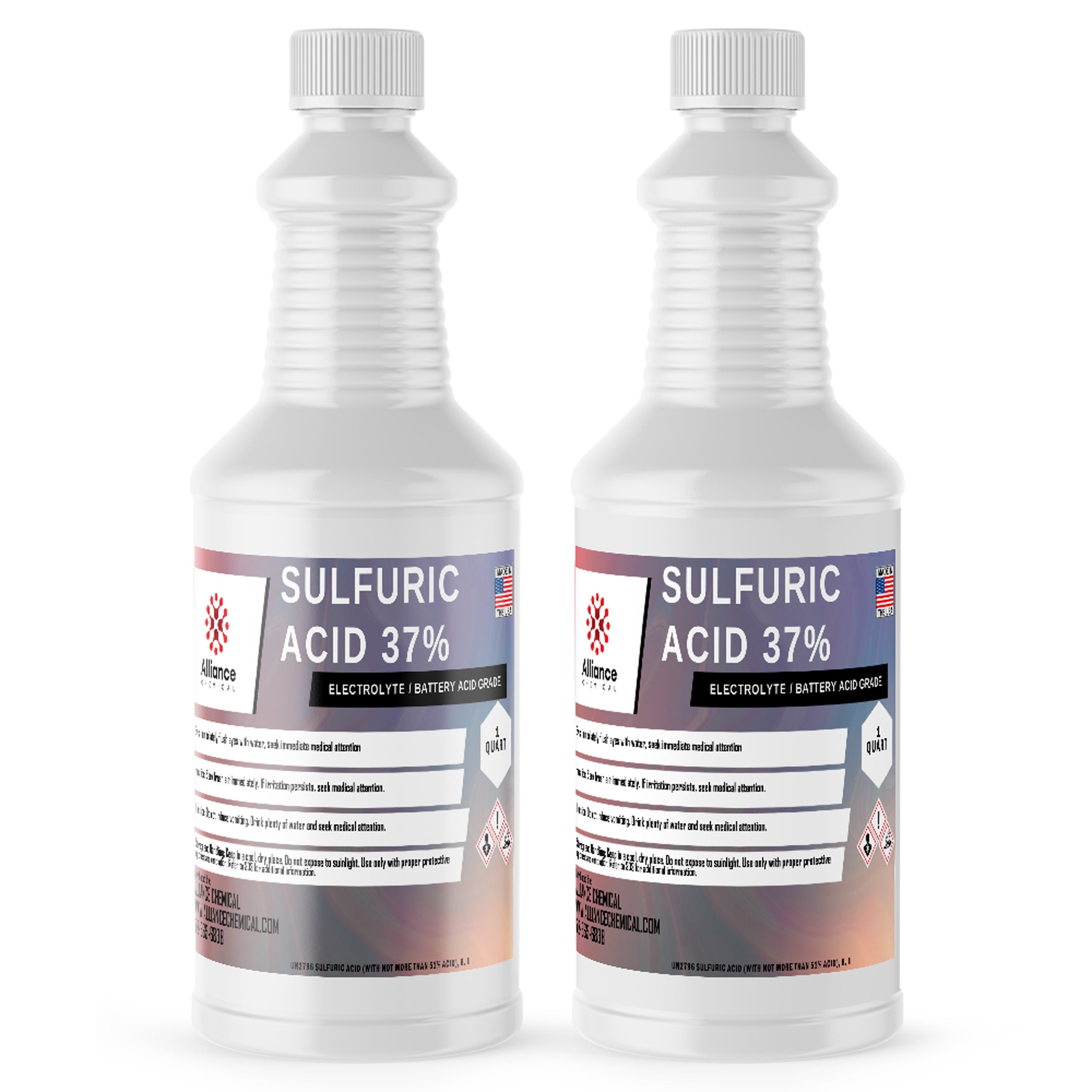 2-quart plastic bottles of Alliance Chemical 37% Sulfuric Acid electrolyte/battery-grade with hazard warnings, white ribbed caps, made in USA.